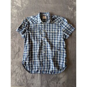 Lucky Brand Mens XL Blue White Gingham Western Short Sleeve Button Down Shirt